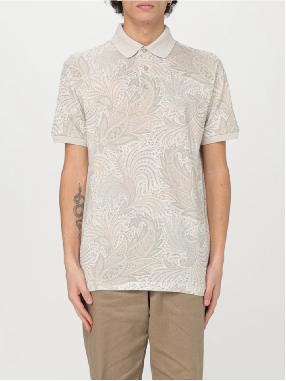 ETRO Neutral Beige Paisley Print Short Sleeve Pique Polo Size L